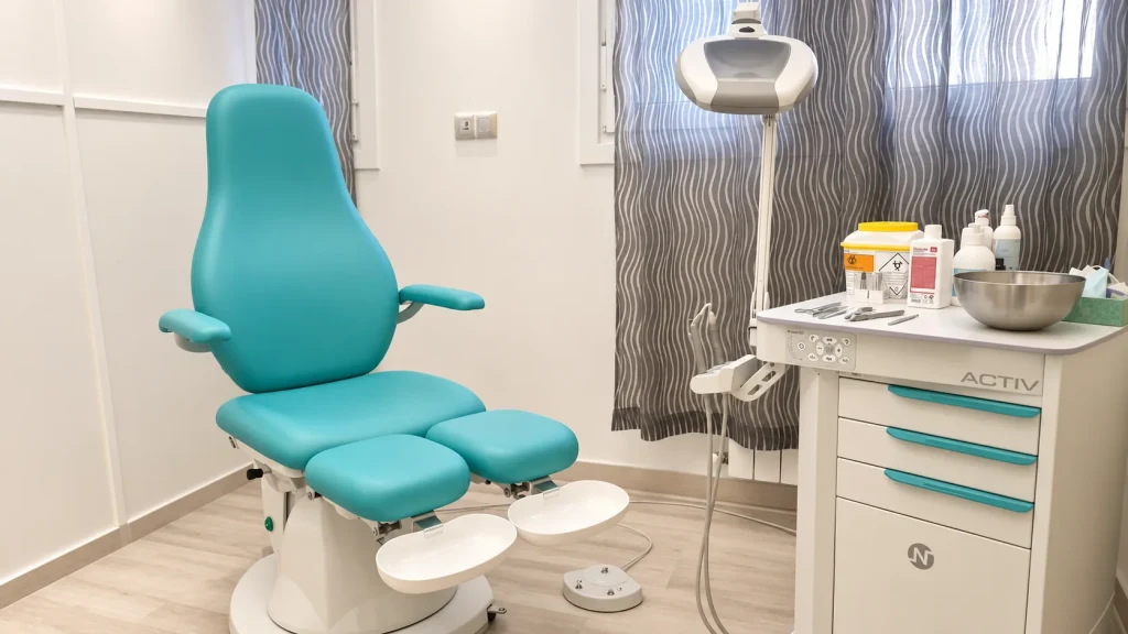 Podología en Bilbao: cabina de podología de Clínica Malai con sillón podológico y equipo de trabajo